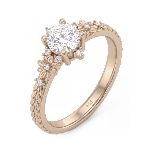 Primrose - Vintage Round Moissanite Ring with Floral Shoulders