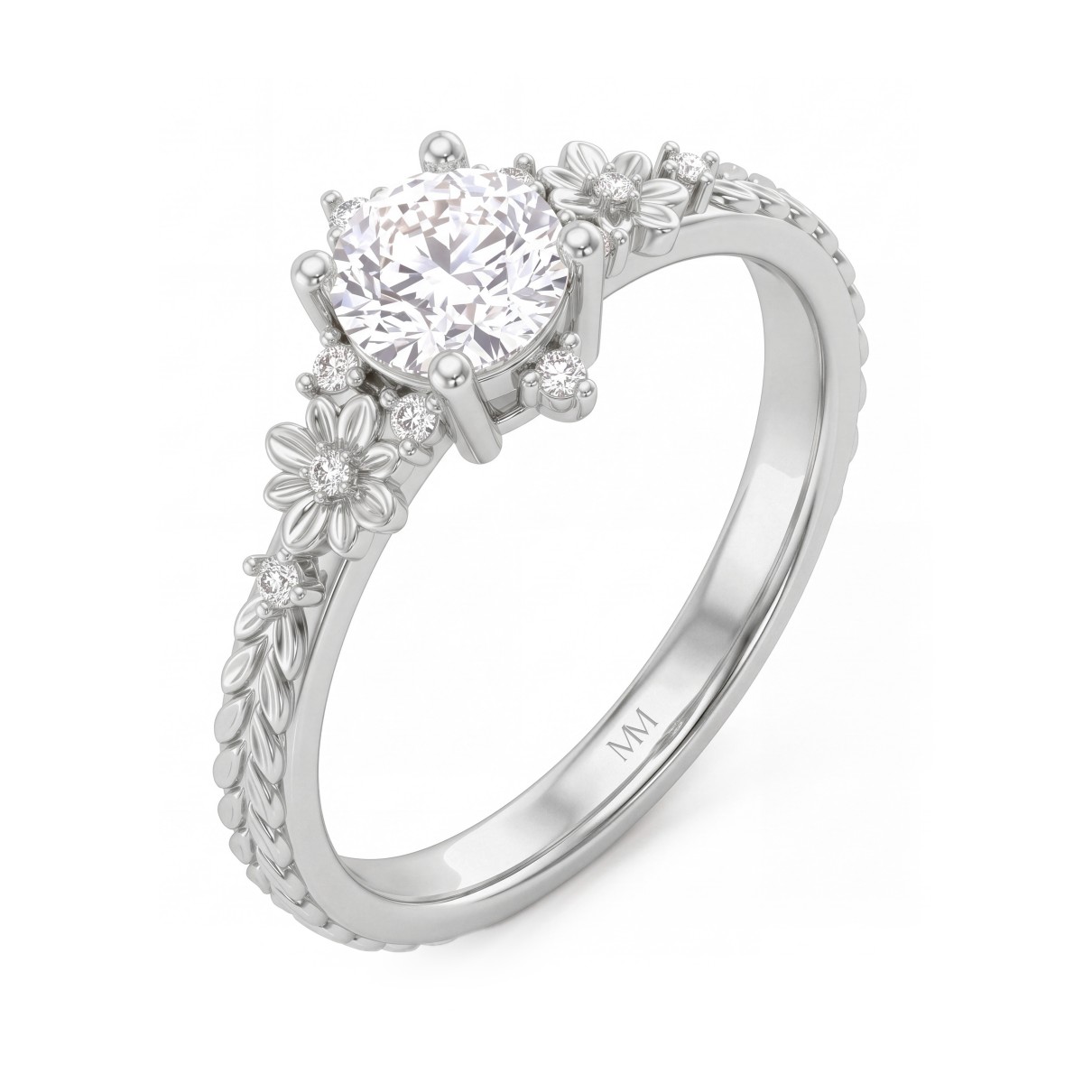 Primrose - Vintage Round Moissanite Ring with Floral Shoulders