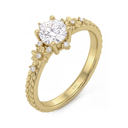 Primrose - Vintage Round Moissanite Ring with Floral Shoulders
