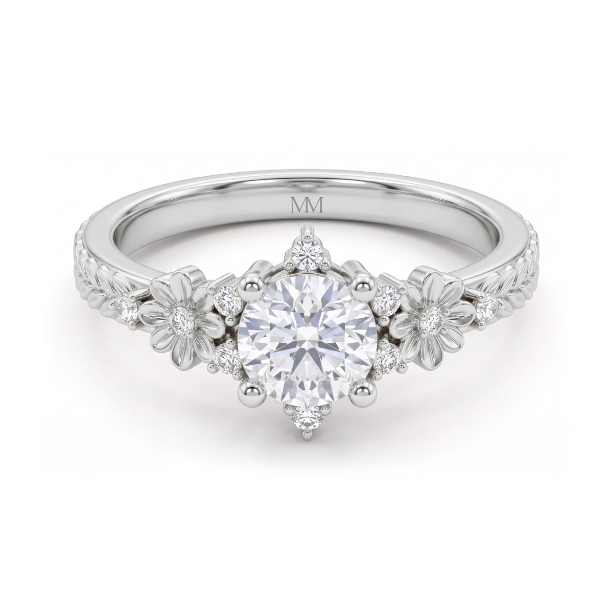 Primrose - Vintage Round Moissanite Ring with Floral Shoulders