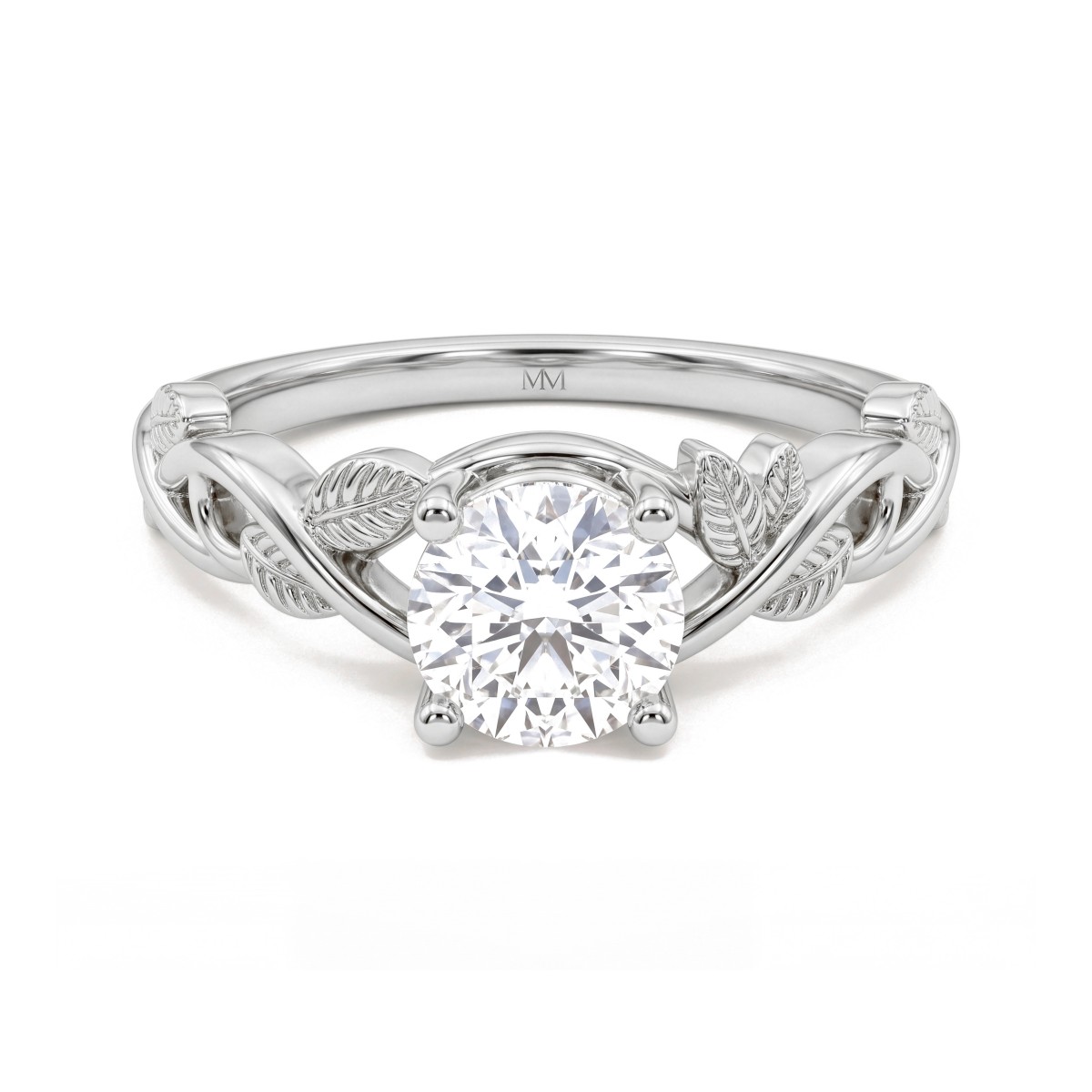 Ivy - Round Moissanite Engagement Ring with Leaf Vine Shoulders