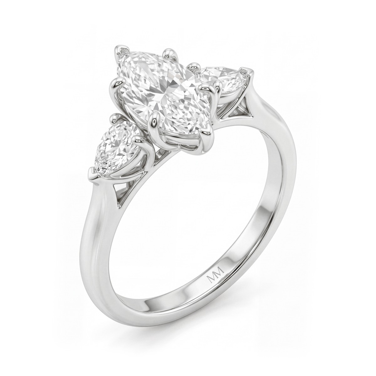 Navette - Marquise Moissanite Three-Stone Engagement Ring with Outward Pear Side Stones