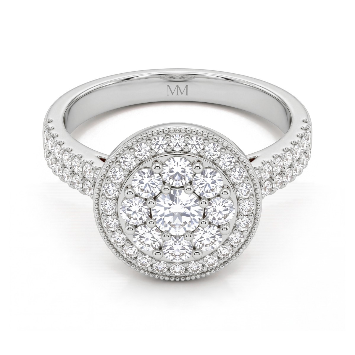 Corollina - Round Cluster Moissanite Ring with Halo and Pavé Shoulders