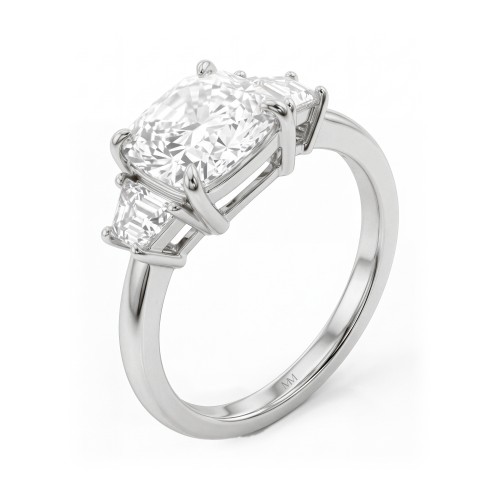 Trinity - Cushion Three-Stone Moissanite Ring with Trapezoid Side Stones