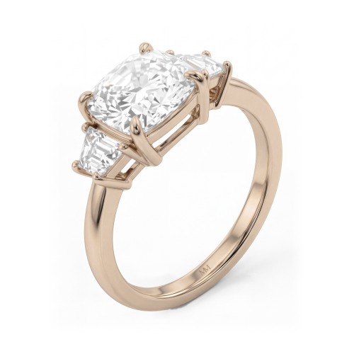 Trinity - Cushion Three-Stone Moissanite Ring with Trapezoid Side Stones