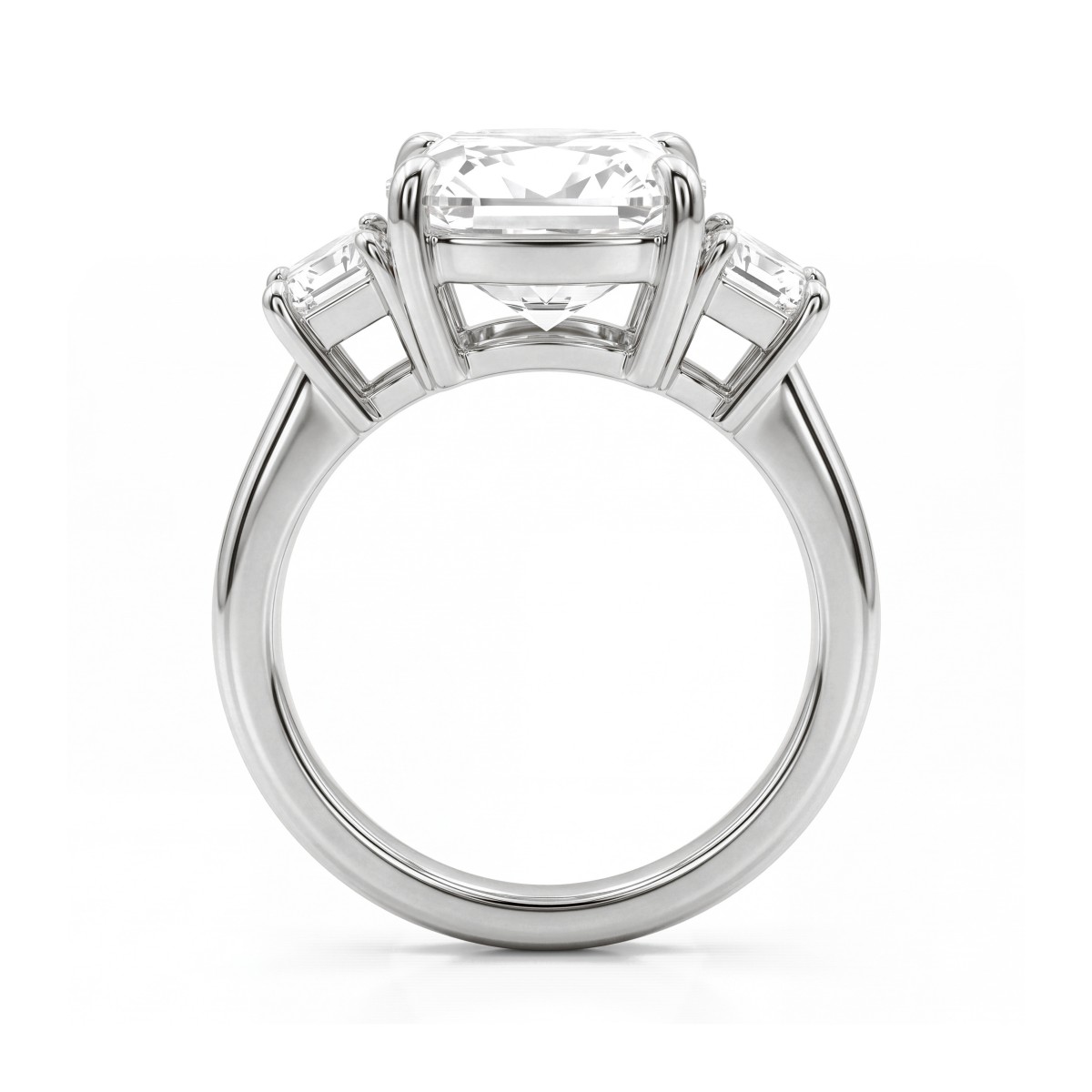 Trinity - Cushion Three-Stone Moissanite Ring with Trapezoid Side Stones