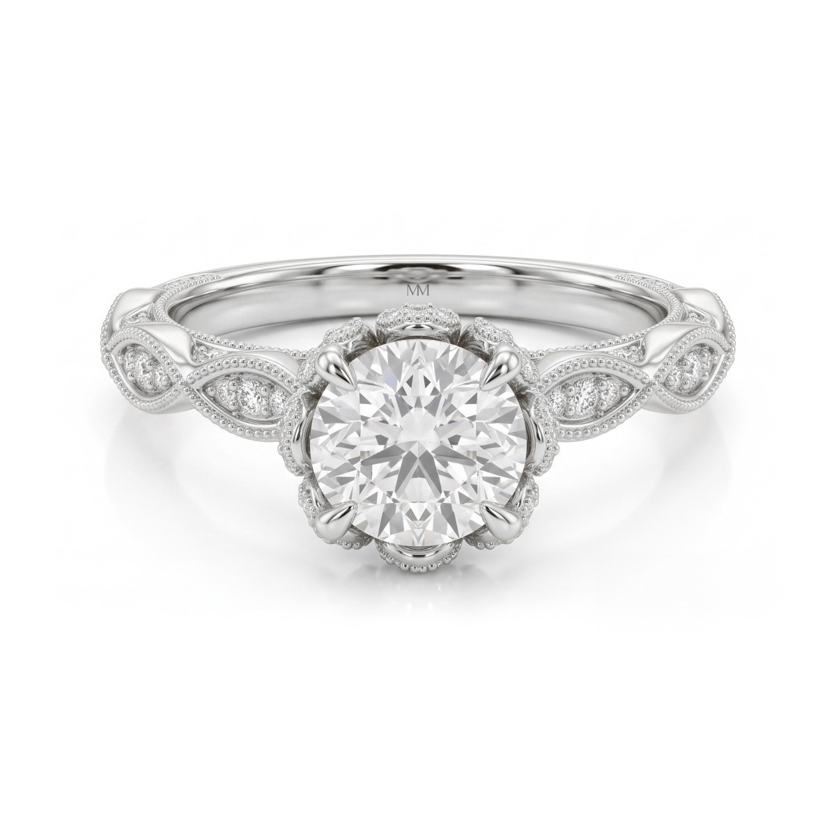 Plume - Vintage Round Moissanite Ring with Pavé Lotus Collar