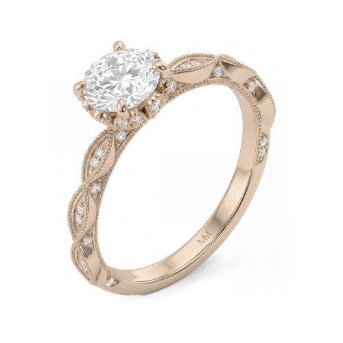Plume - Vintage Round Moissanite Ring with Pavé Lotus Collar