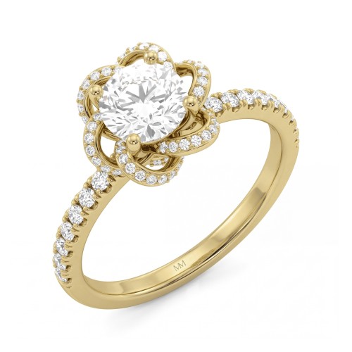 Camellia - Round Moissanite Ring with Pavé Ribbon Petals