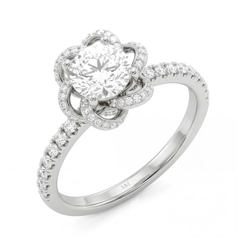 Camellia - Round Moissanite Ring with Pavé Ribbon Petals