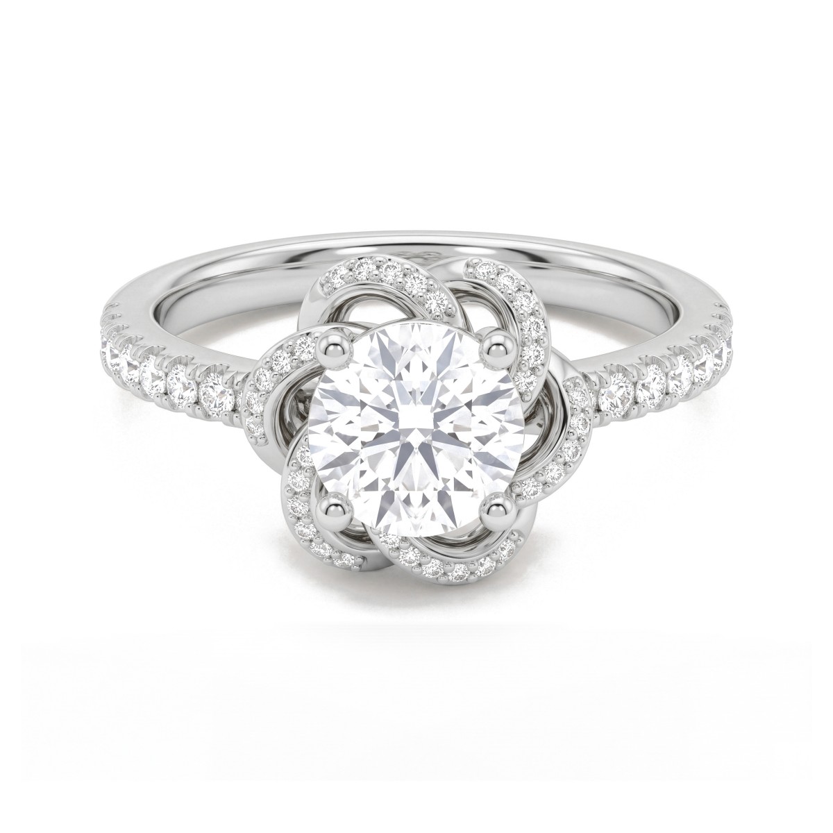 Camellia - Round Moissanite Ring with Pavé Ribbon Petals