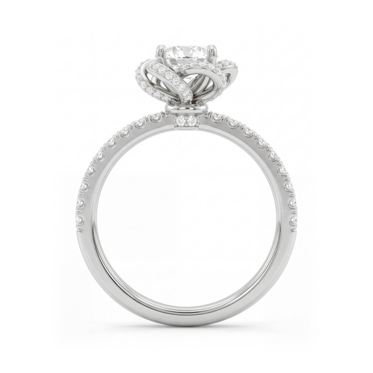 Camellia - Round Moissanite Ring with Pavé Ribbon Petals