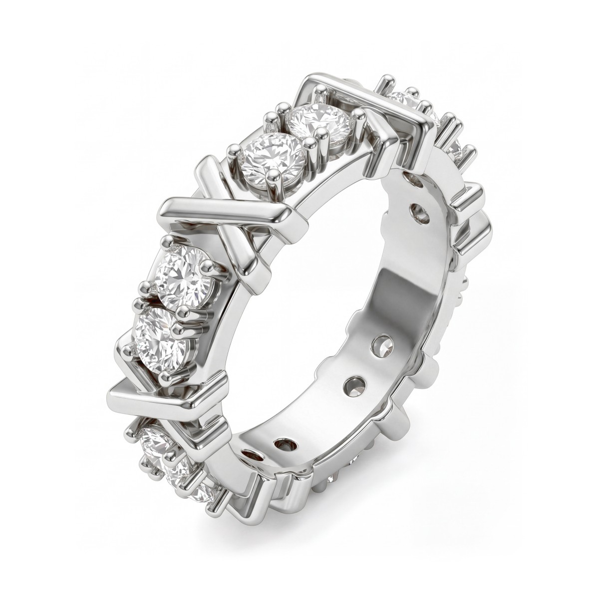 Duetta - Round Moissanite Eternity Band with X Motifs