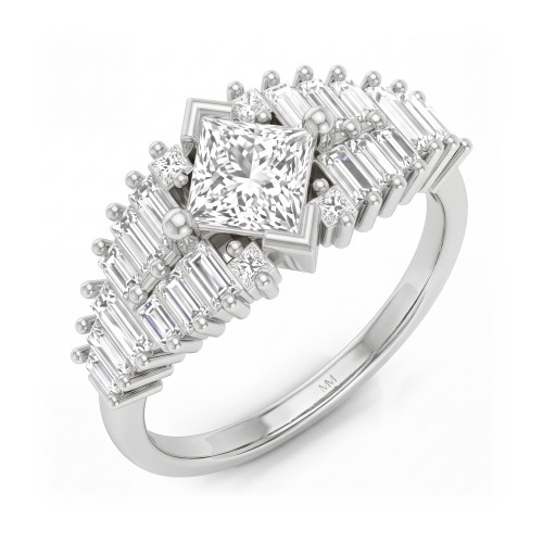 Princelle - Art Deco Princess Cut Moissanite Ring with Stepped Baguette Shoulders