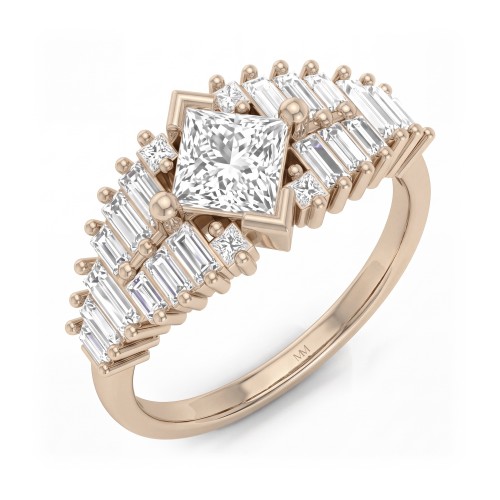 Princelle - Art Deco Princess Cut Moissanite Ring with Stepped Baguette Shoulders