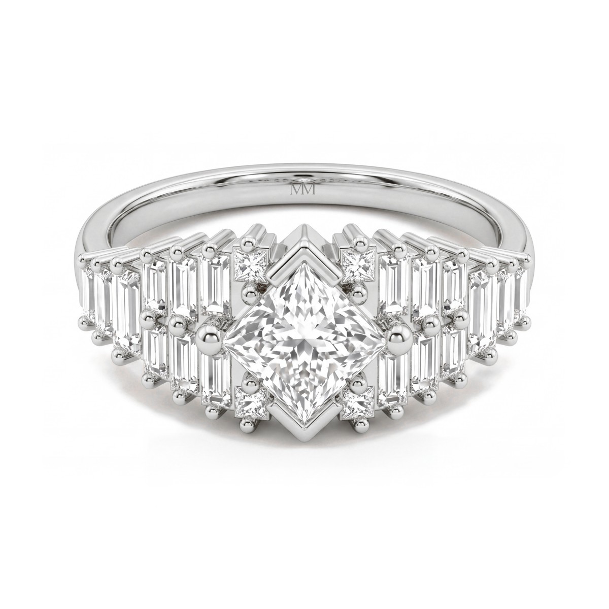Princelle - Art Deco Princess Cut Moissanite Ring with Stepped Baguette Shoulders