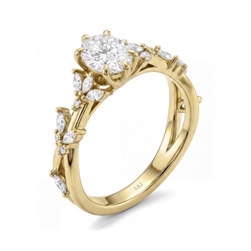 Sylvaine - Oval Moissanite Engagement Ring with Marquise Leaf Clusters and Split Shank