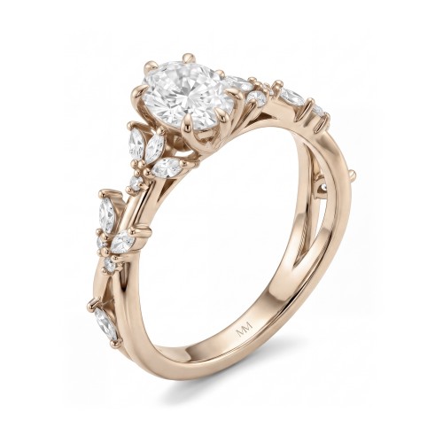 Sylvaine - Oval Moissanite Engagement Ring with Marquise Leaf Clusters and Split Shank