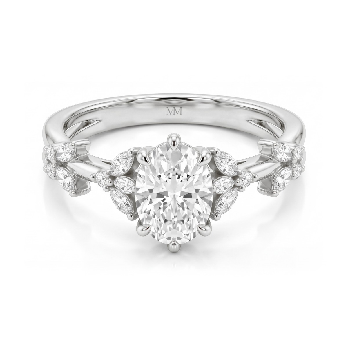 Sylvaine - Oval Moissanite Engagement Ring with Marquise Leaf Clusters and Split Shank