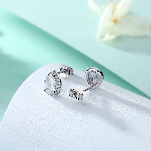 Halo Pears - Pear Moissanite Stud Earrings in Halo Setting