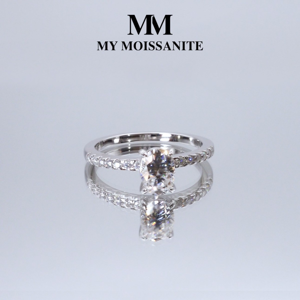 Nina - Oval Moissanite Ring with Pavé Side Stones