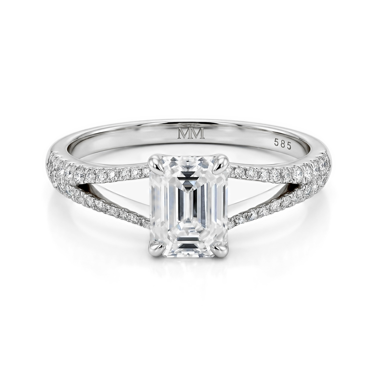 Emelise - Emerald Cut Moissanite Ring with Split-Shank and Side Stones