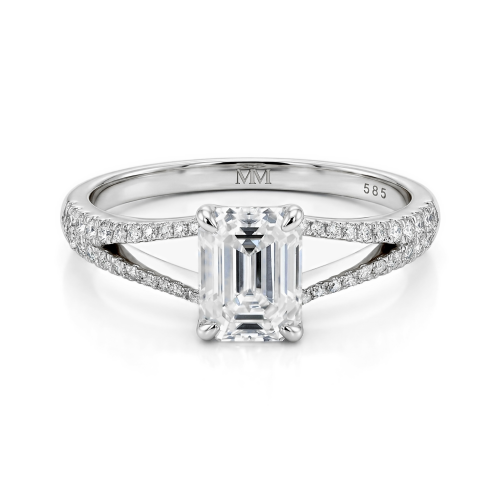 Emelise - Emerald Cut Moissanite Ring with Split-Shank and Side Stones