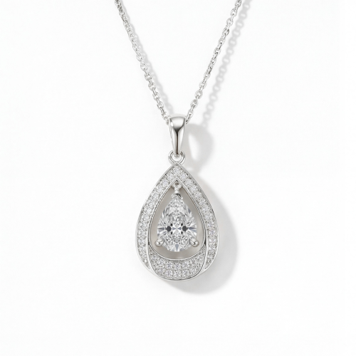 Pendula – Teardrop Moissanite Pendant with Dual Halo Elegance