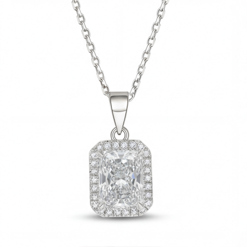 Gemina – Radiant Cut Moissanite Pendant in a Paved Halo Setting