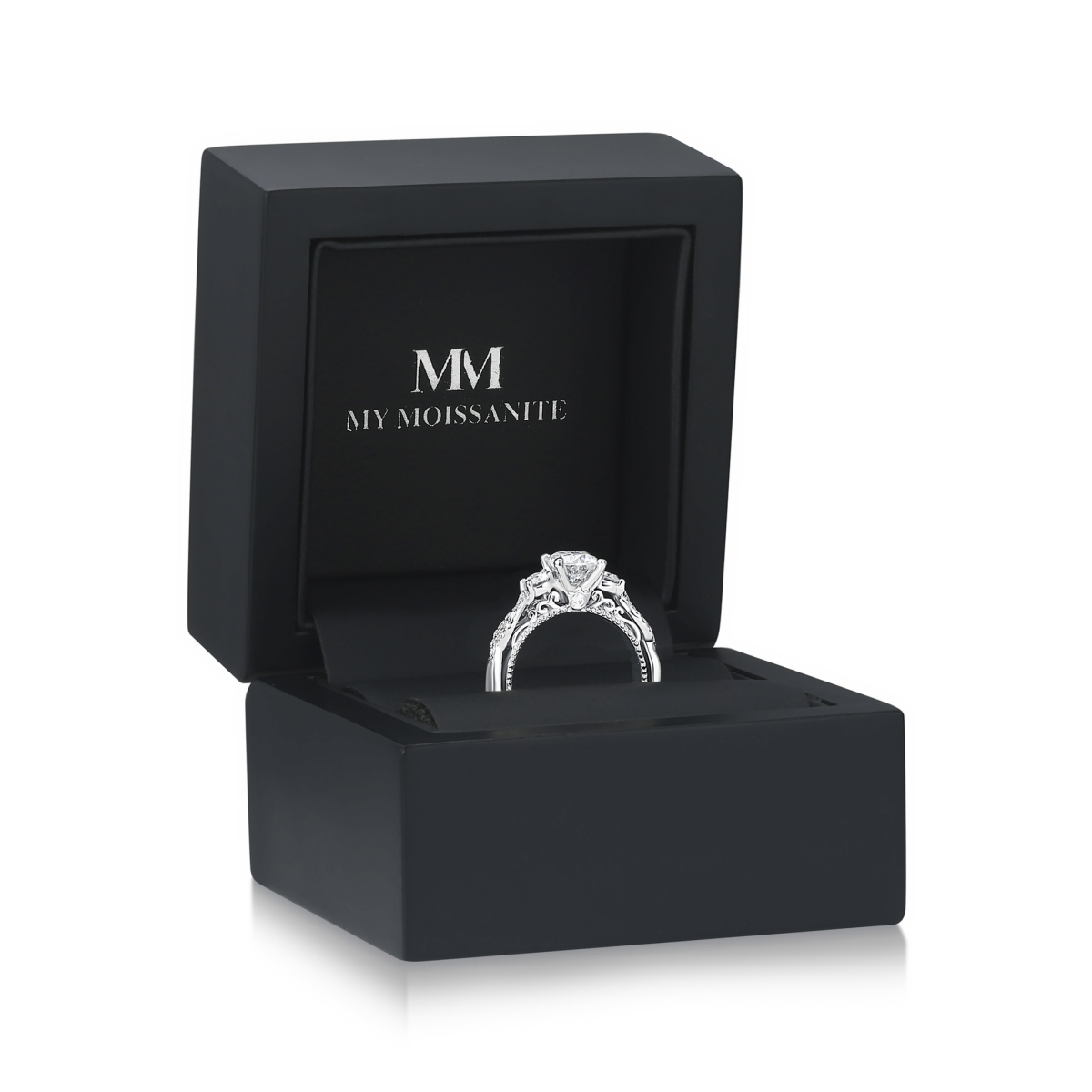 Circe - Vintage Inspired Moissanite Engagement Ring with Side Stones and Filigree Detailing