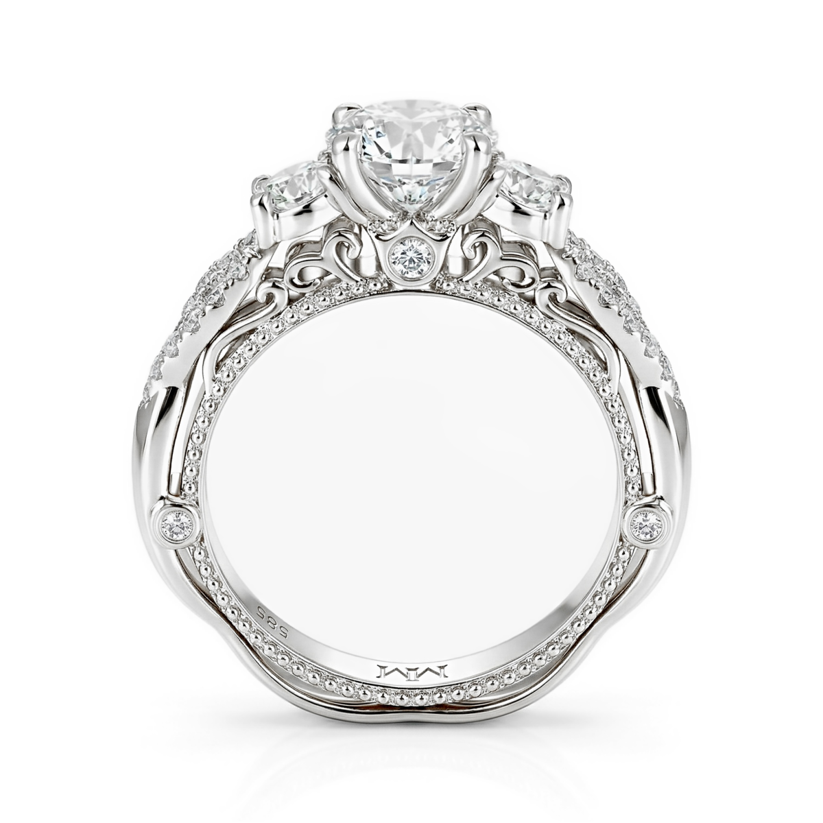 Circe - Vintage Inspired Moissanite Engagement Ring with Side Stones and Filigree Detailing