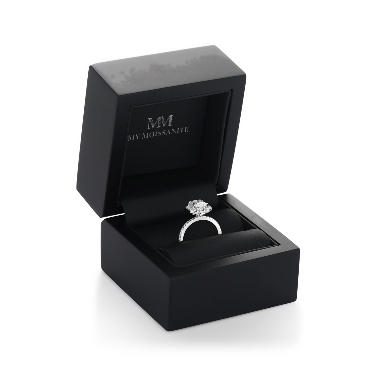 Esmeralda – Emerald Cut Moissanite Ring in Halo Setting