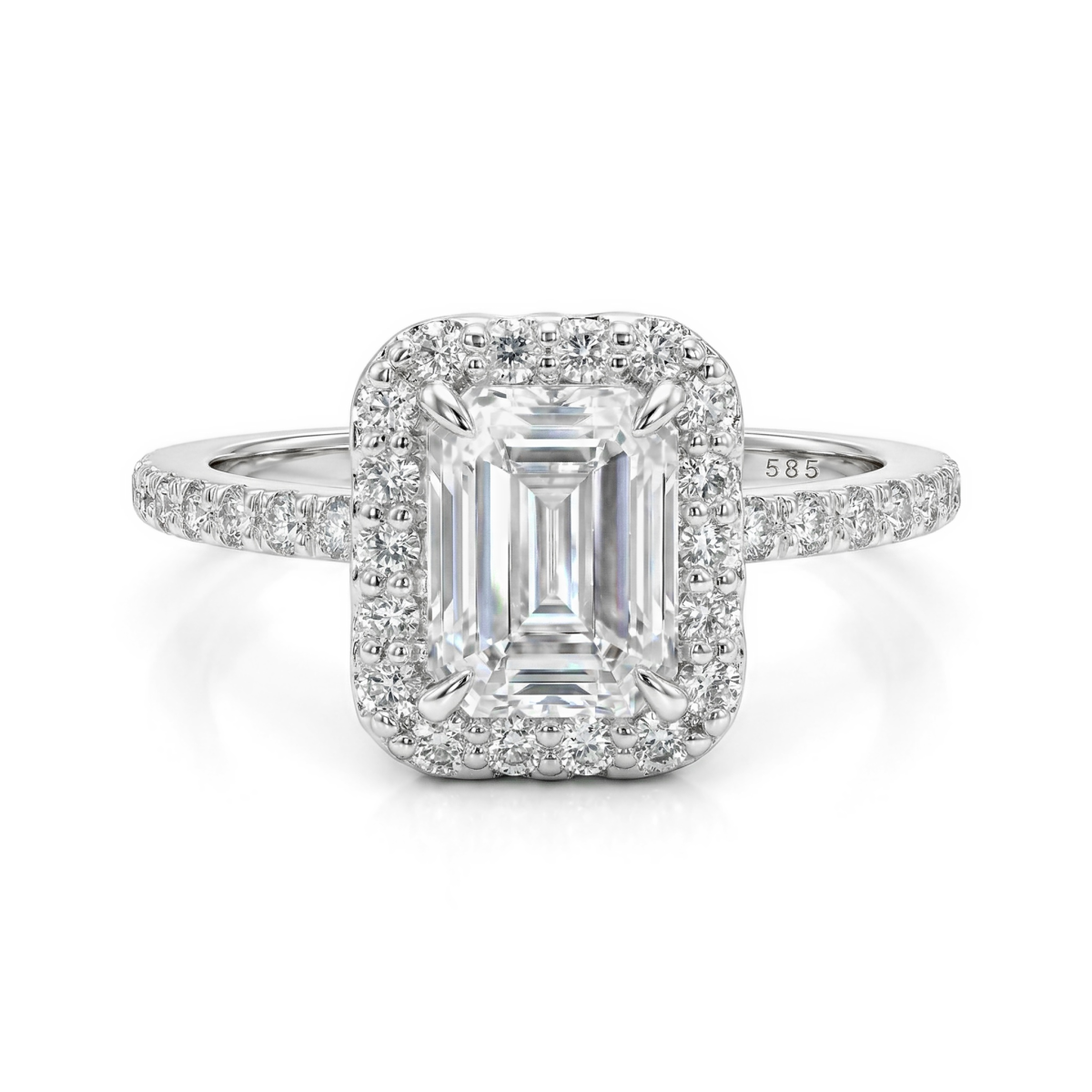 Esmeralda – Emerald Cut Moissanite Ring in Halo Setting