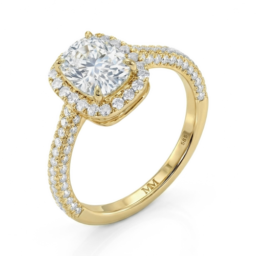 Plushette - Elongated Cushion Cut Moissanite Engagement Ring With Halo and Micropavé Shank