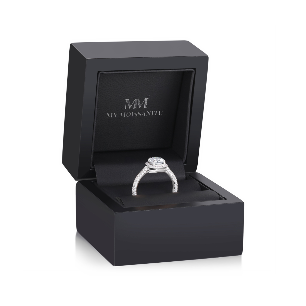 Plushette - Elongated Cushion Cut Moissanite Engagement Ring With Halo and Micropavé Shank