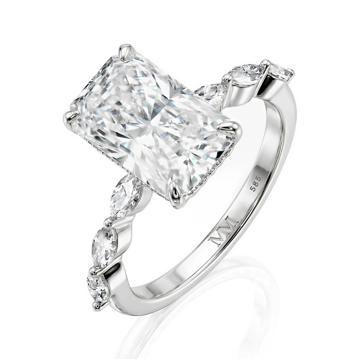 Luminaire - Radiant Cut Moissanite Ring With Marquise Side Stones and Hidden Halo