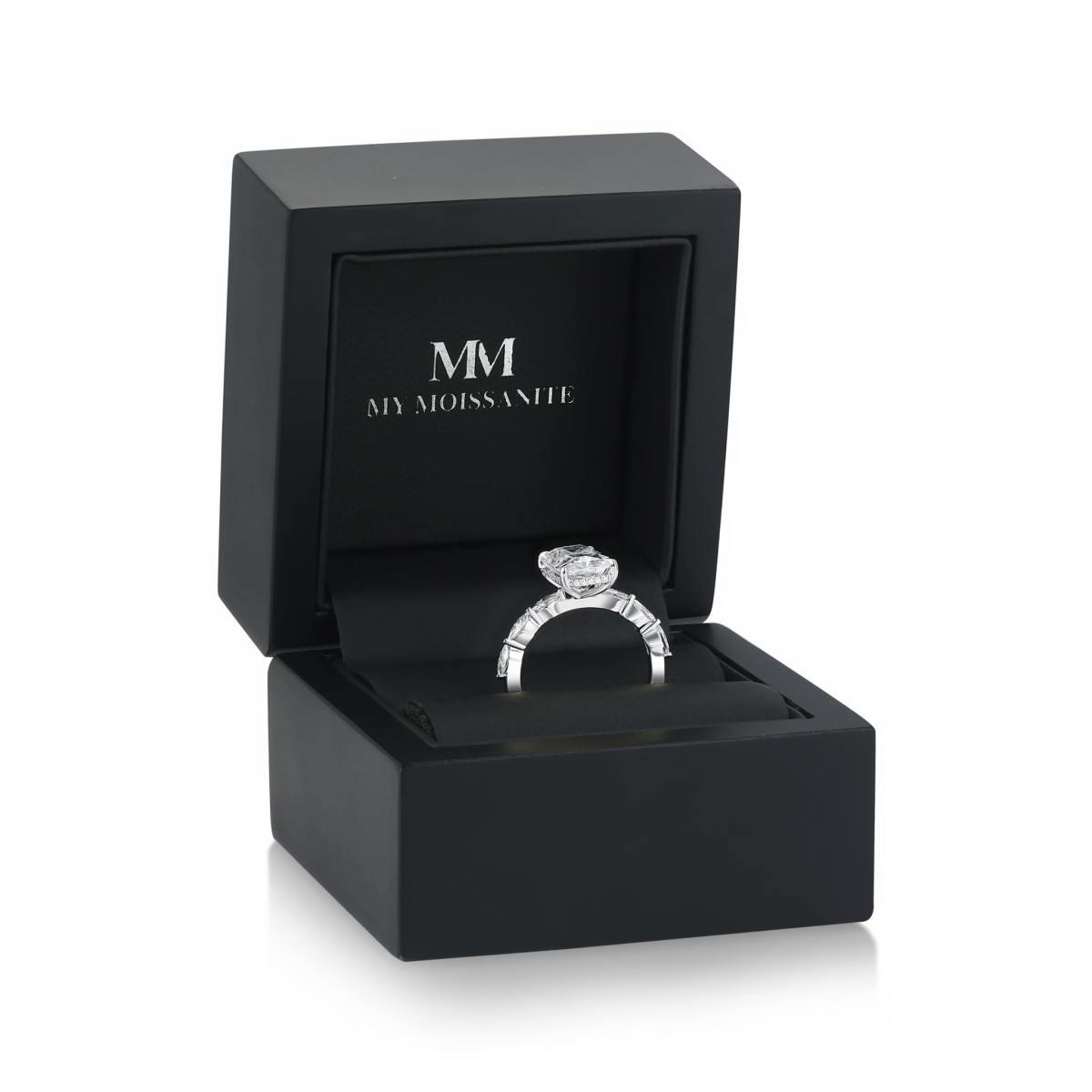 Luminaire - Radiant Cut Moissanite Ring With Marquise Side Stones and Hidden Halo
