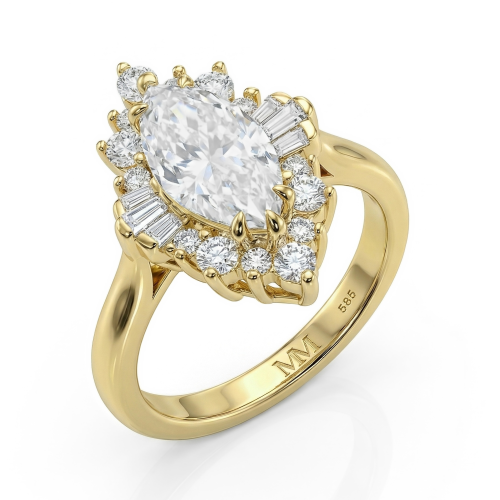 Crownique - Marquise Cut Moissanite Engagement Ring with Halo and Baguette Accents