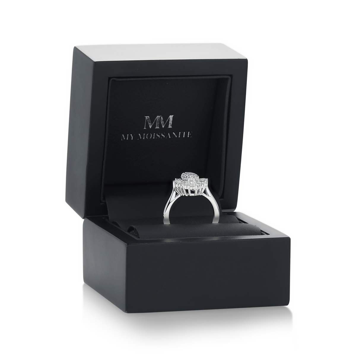 Crownique - Marquise Cut Moissanite Engagement Ring with Halo and Baguette Accents