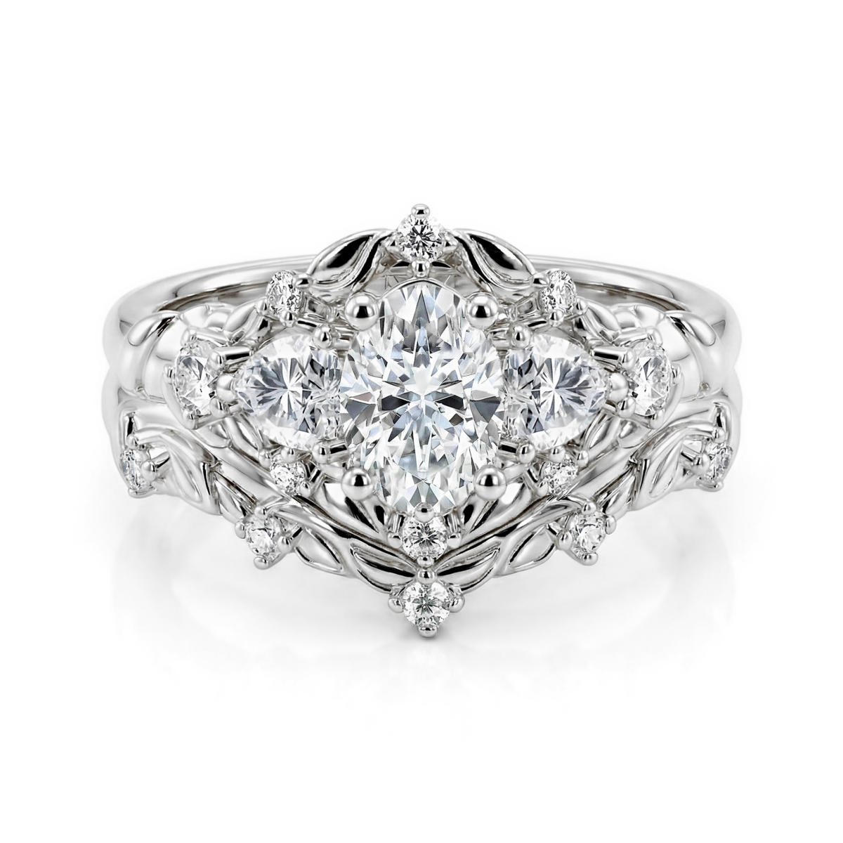Fiorine - Oval Cut Moissanite Bridal Set with Botanical Design