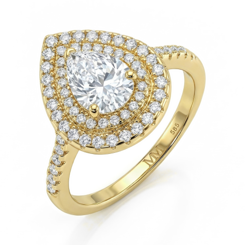 Athena - Pear Cut Moissanite Engagement Ring with Double Halo and Pavé Shank