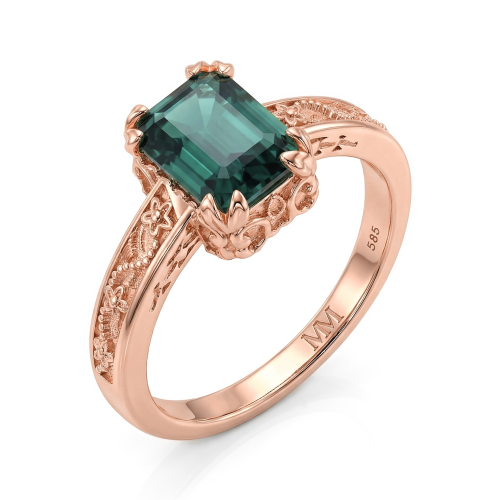 Verdisia - Vintage Floral Emerald Cut Green Moissanite Engagement Ring