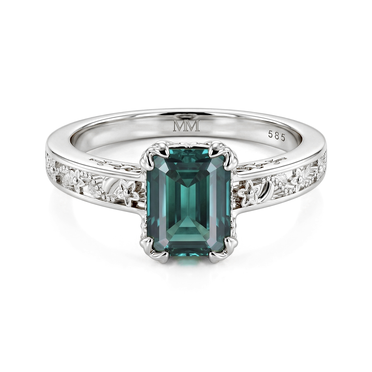 Verdisia - Vintage Floral Emerald Cut Green Moissanite Engagement Ring