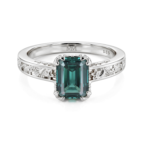 Verdisia - Vintage Floral Emerald Cut Green Moissanite Engagement Ring