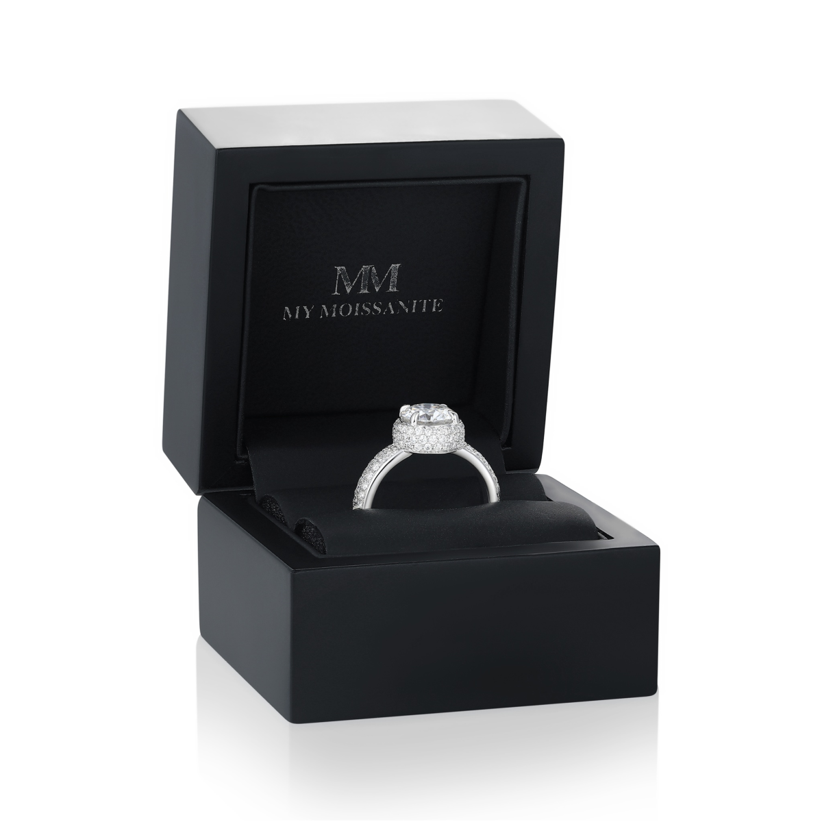 Lustrella - Moissanite Halo Engagement Ring with Pavé Band