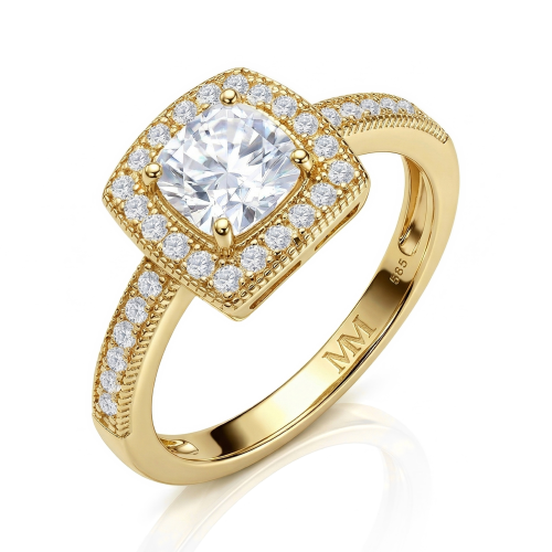 Sanctum - Cushion Cut Moissanite Engagement Ring with Vintage Halo and Pavé Band
