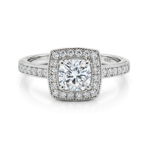 Sanctum - Cushion Cut Moissanite Engagement Ring with Vintage Halo and Pavé Band