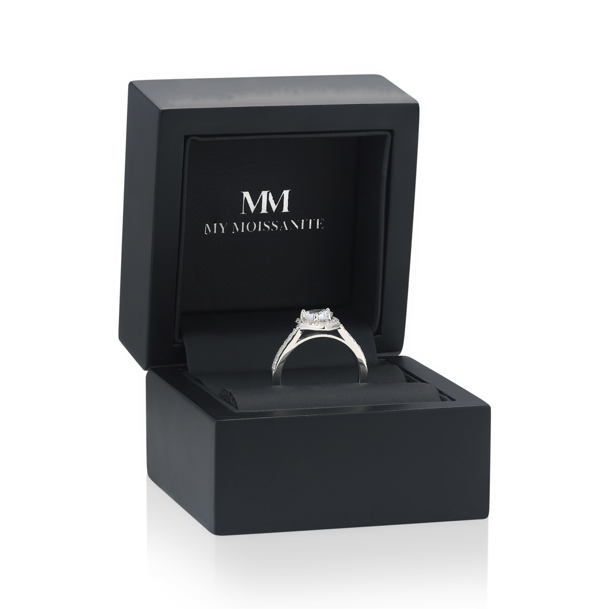 Amoria - Heart Cut Moissanite Engagement Ring with Halo and Pavé Set Side Stones