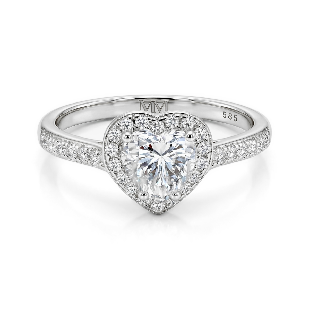 Amoria - Heart Cut Moissanite Engagement Ring with Halo and Pavé Set Side Stones