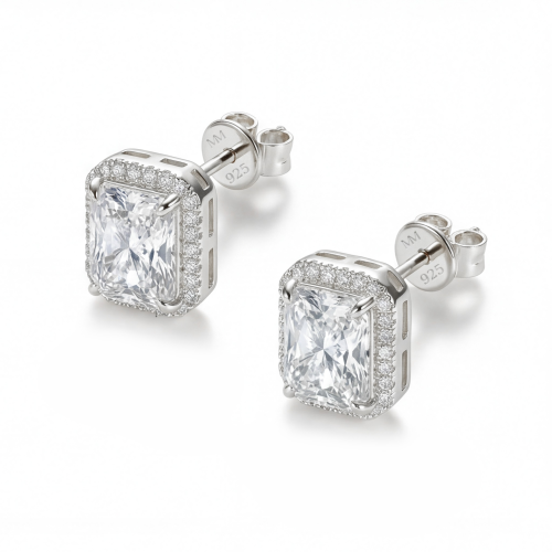 Aura - Radiant Moissanite Stud Earrings in Halo Setting